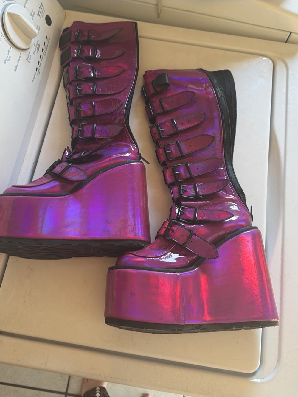 Demonia Platform Buckle Boots Iridescent Magenta